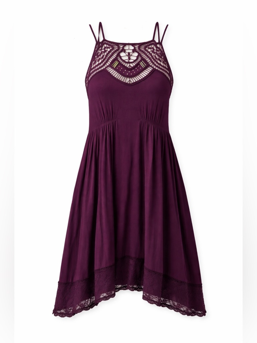 Dangerous Low Back Free People Deep Plum Swing Dress W/ Crochet Neck & Lace Hem